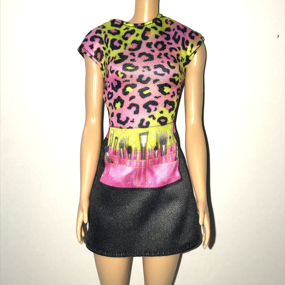 Barbie Doll Clothing One Piece Career Makeup Artist Leopard Pink Yellow Dress